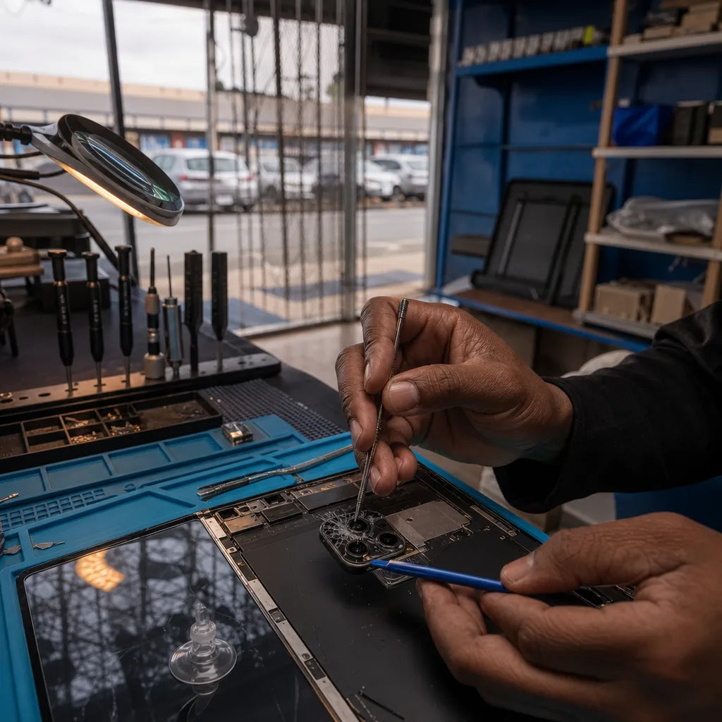 Technician working on the rear camera module of an opened iPad on a blue repair mat under a magnifier