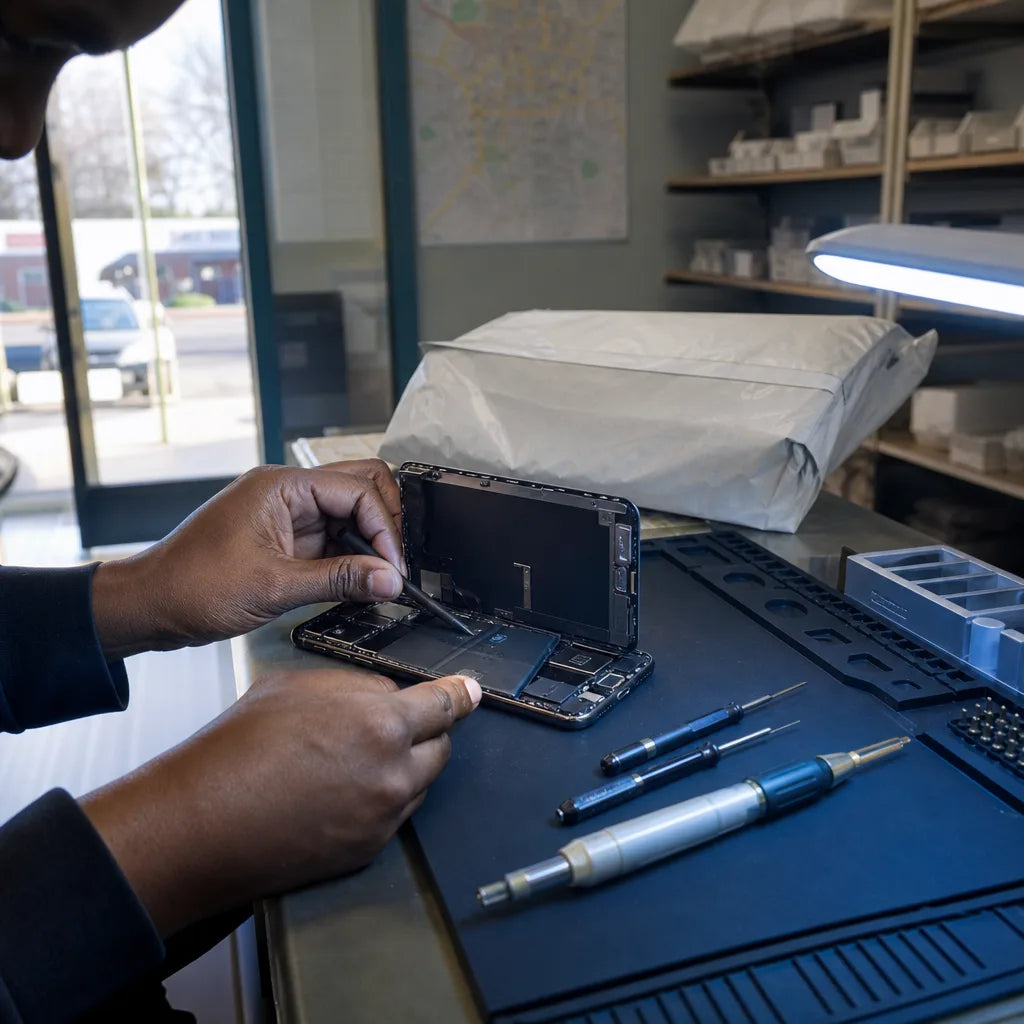Technician repairing an opened iPhone on an anti-static repair mat with precision screwdrivers