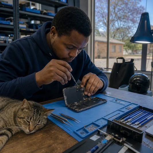 Technician removing parts from an opened iPhone on a blue repair mat, with a cat asleep beside the tools