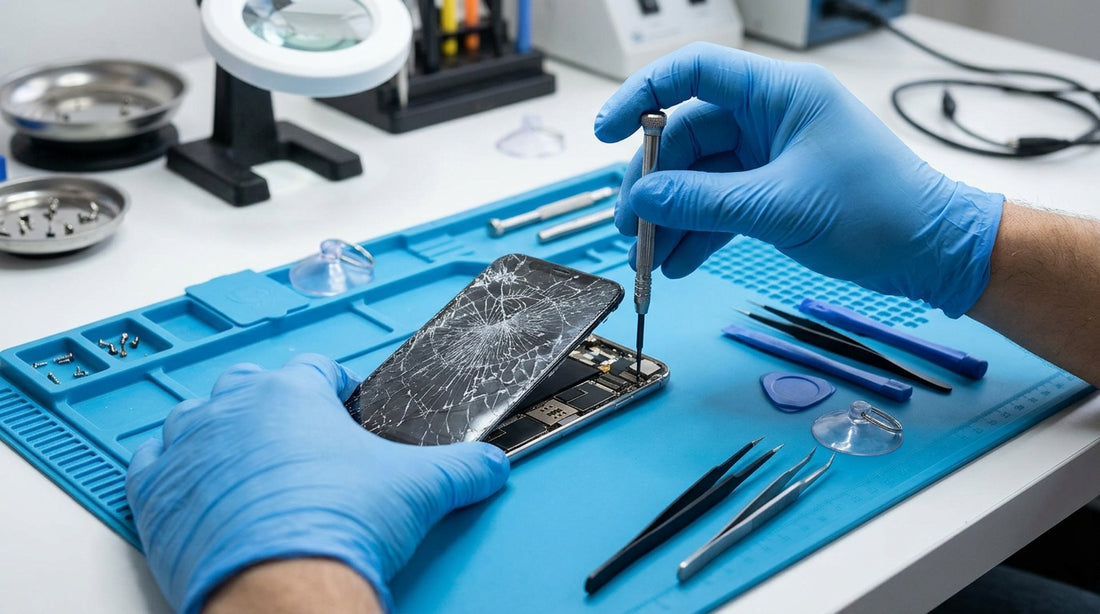 Is It Safe to Keep Using an iPhone With a Cracked Screen?: iPhone repair on a technician's workbench
