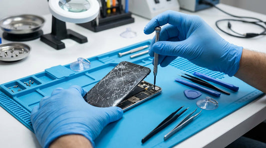 Is It Safe to Keep Using an iPhone With a Cracked Screen?: iPhone repair on a technician's workbench