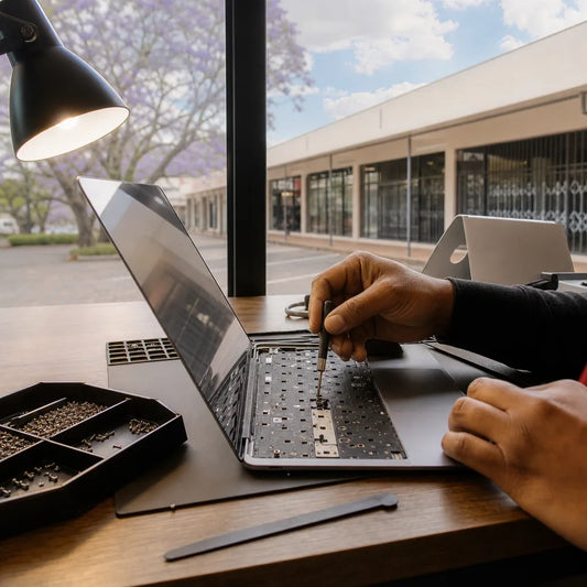 Technician unscrewing the keyboard of an opened MacBook with a precision screwdriver at a window desk